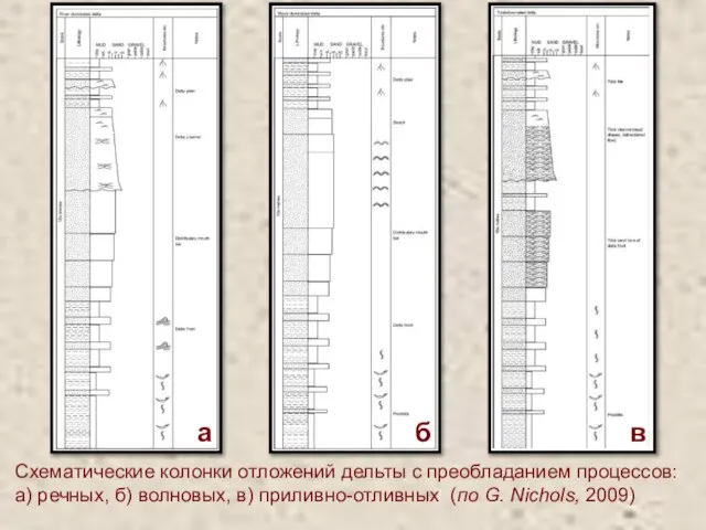 Схематические колонки отложений дельты с преобладанием процессов: а) речных, б) волновых,