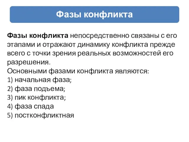 Фазы конфликта непосредственно связаны с его этапами и отражают динамику конфликта