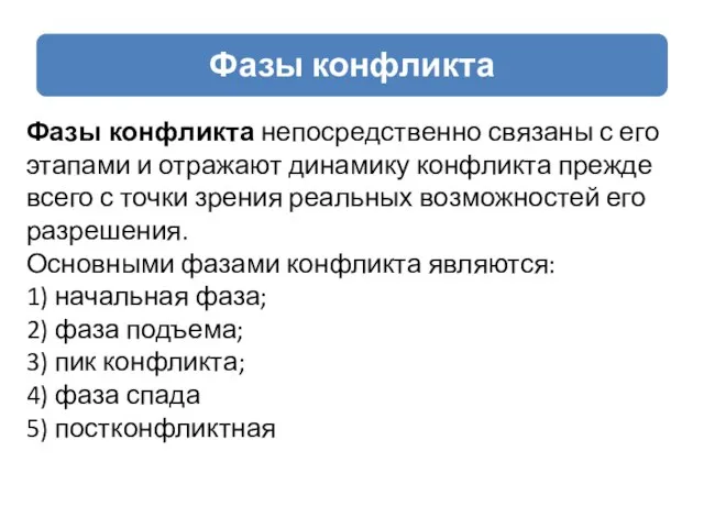 Фазы конфликта непосредственно связаны с его этапами и отражают динамику конфликта