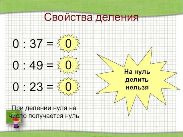 Свойства деления 0 : 37 = 0 : 23 = 0