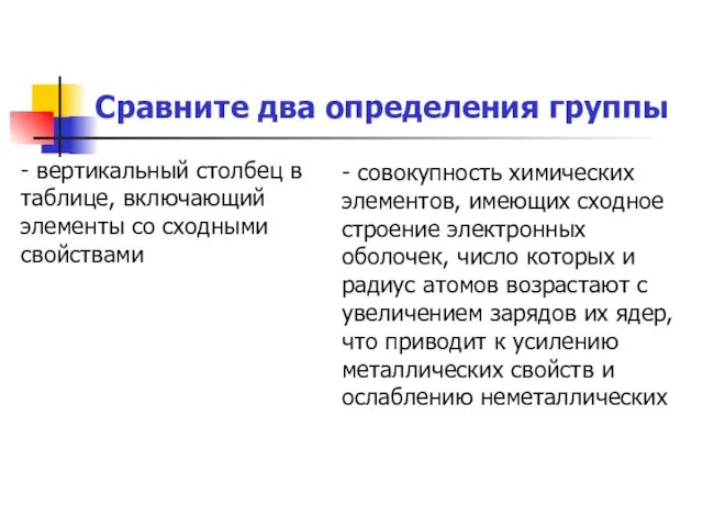 Сравните два определения группы - вертикальный столбец в таблице, включающий элементы