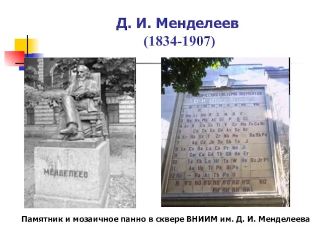 Д. И. Менделеев (1834-1907) Памятник и мозаичное панно в сквере ВНИИМ им. Д. И. Менделеева