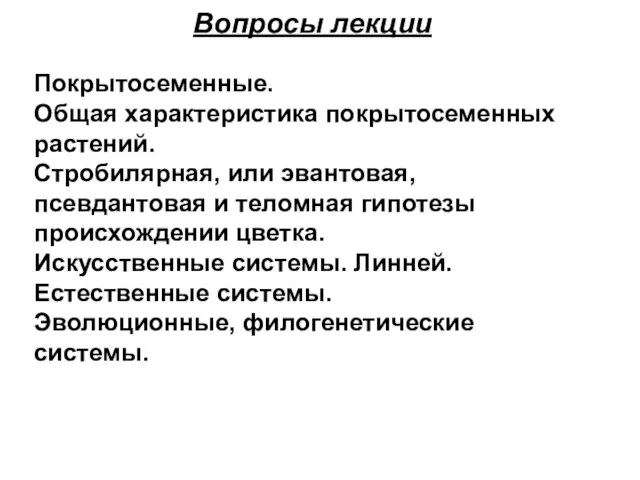 Вопросы лекции Покрытосеменные. Общая характеристика покрытосеменных растений. Стробилярная, или эвантовая, псевдантовая