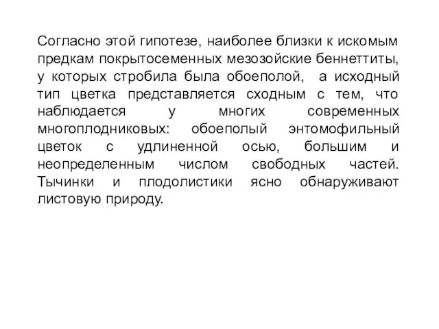 Согласно этой гипотезе, наиболее близки к искомым предкам покрытосеменных мезозойские беннеттиты,