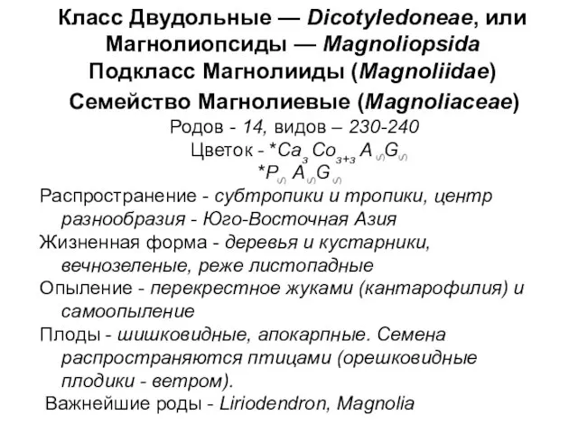 Семейство Магнолиевые (Magnoliaceae) Родов - 14, видов – 230-240 Цветок -