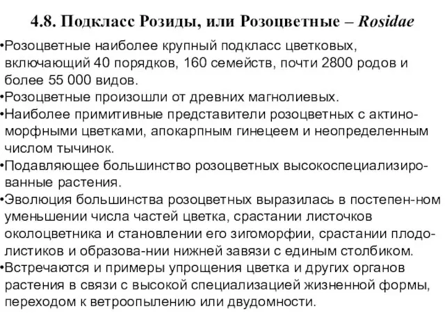 4.8. Подкласс Розиды, или Розоцветные – Rosidae Розоцветные наиболее крупный подкласс