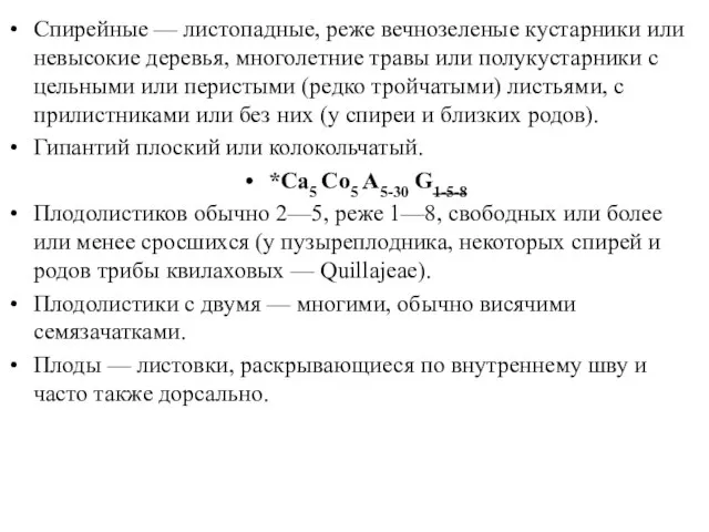 Спирейные — листопадные, реже вечнозеленые кустарники или невысокие деревья, многолетние травы