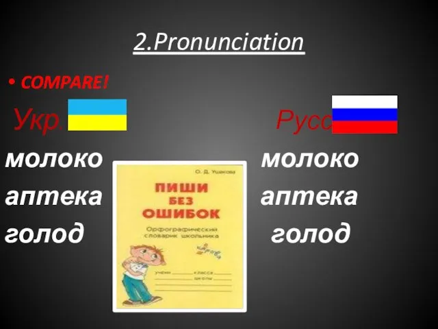 2.Pronunciation COMPARE! Укр. Русс. молоко молоко аптека аптека голод голод