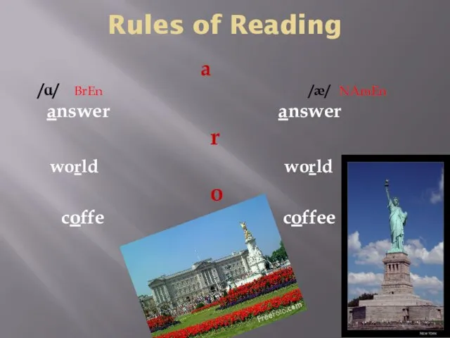 Rules of Reading a /ɑ/ BrEn /æ/ NAmEn answer answer r world world o coffe coffee