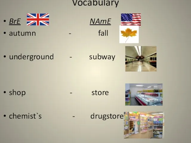 Vocabulary BrE NAmE autumn - fall underground - subway shop - store chemist`s - drugstore