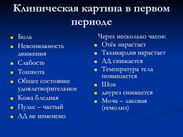 Клиническая картина в первом периоде Боль Невозможность движения Слабость Тошнота Общее