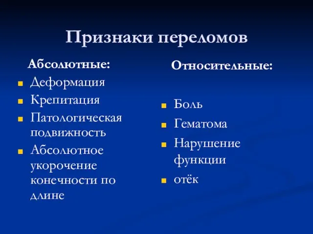 Признаки переломов Абсолютные: Деформация Крепитация Патологическая подвижность Абсолютное укорочение конечности по