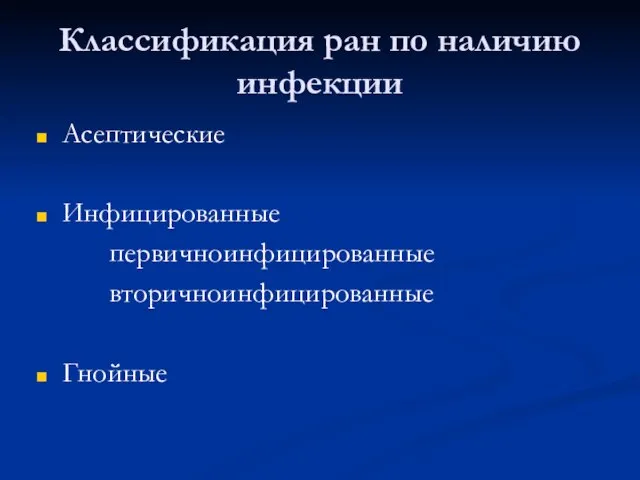 Классификация ран по наличию инфекции Асептические Инфицированные первичноинфицированные вторичноинфицированные Гнойные