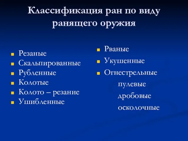 Классификация ран по виду ранящего оружия Резаные Скальпированные Рубленные Колотые Колото