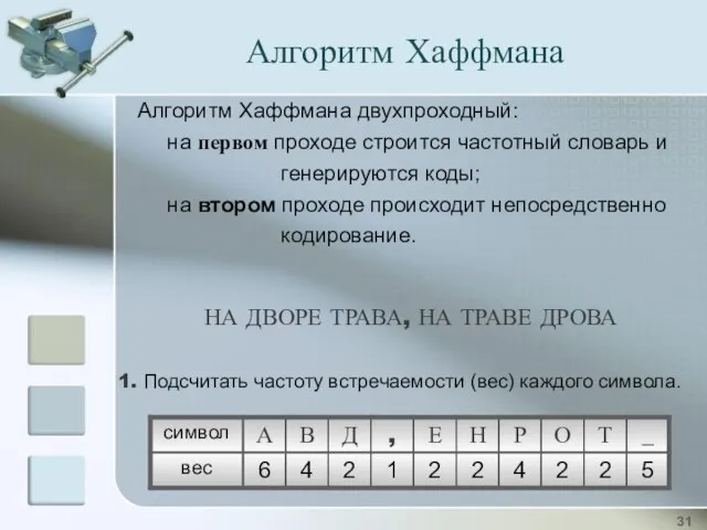 Алгоритм Хаффмана двухпроходный: на первом проходе строится частотный словарь и генерируются