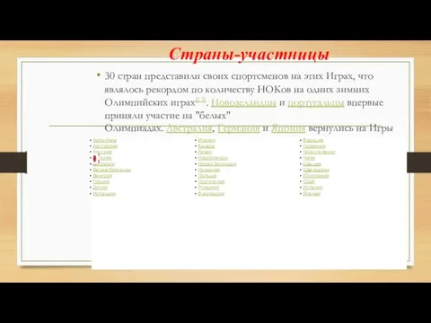 Страны-участницы 30 стран представили своих спортсменов на этих Играх, что являлось