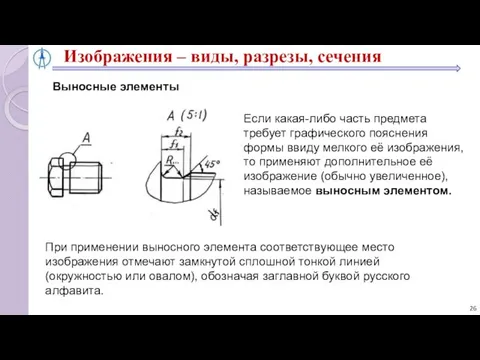 Изображения – виды, разрезы, сечения Выносные элементы Если какая-либо часть предмета