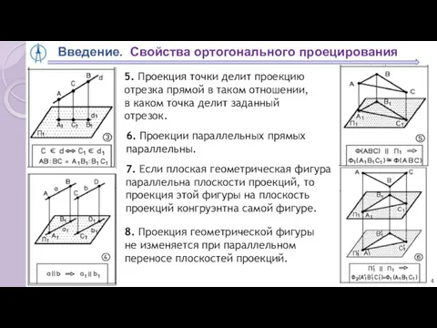 Введение. Свойства ортогонального проецирования 5. Проекция точки делит проекцию отрезка прямой