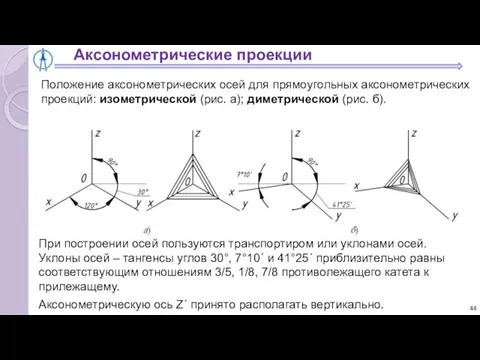 Аксонометрические проекции Положение аксонометрических осей для прямоугольных аксонометрических проекций: изометрической (рис.