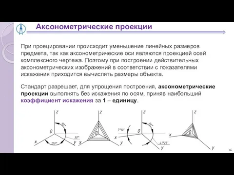 При проецировании происходит уменьшение линейных размеров предмета, так как аксонометрические оси