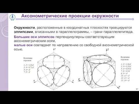 Окружности, расположенные в координатных плоскостях проецируются эллипсами, вписанными в параллелограммы, –