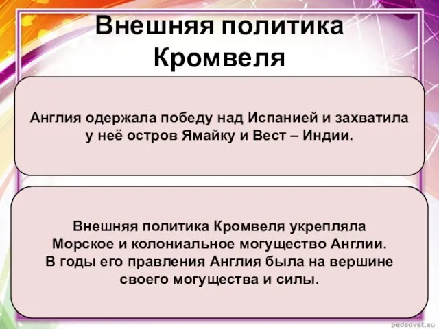 Внешняя политика Кромвеля Англия одержала победу над Испанией и захватила у