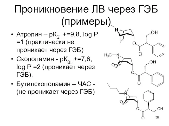 Атропин – рКВН+=9,8, log P =1 (практически не проникает через ГЭБ)