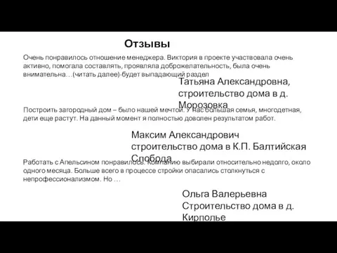 Отзывы Очень понравилось отношение менеджера. Виктория в проекте участвовала очень активно,