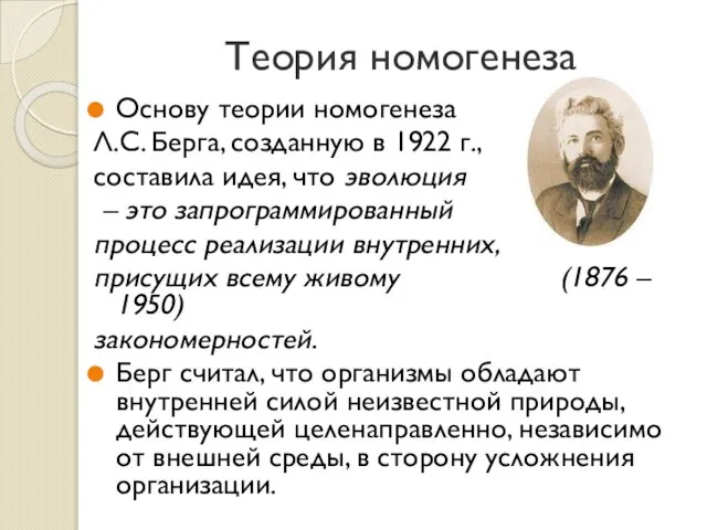 Теория номогенеза Основу теории номогенеза Л.С. Берга, созданную в 1922 г.,