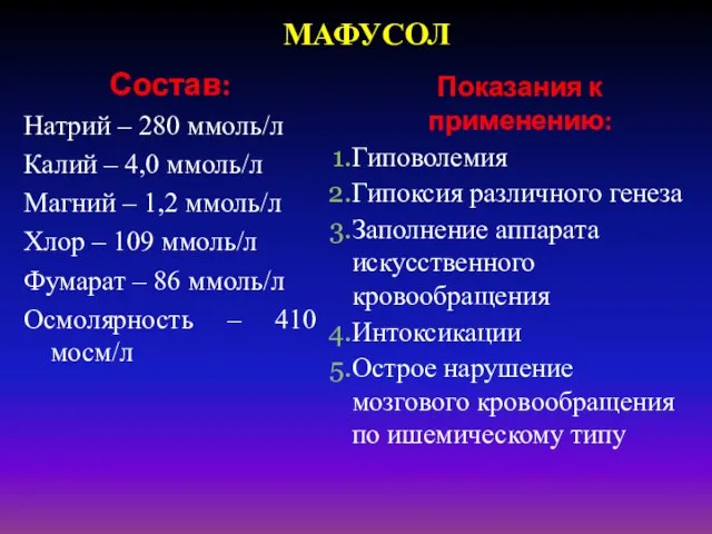 МАФУСОЛ Состав: Натрий – 280 ммоль/л Калий – 4,0 ммоль/л Магний