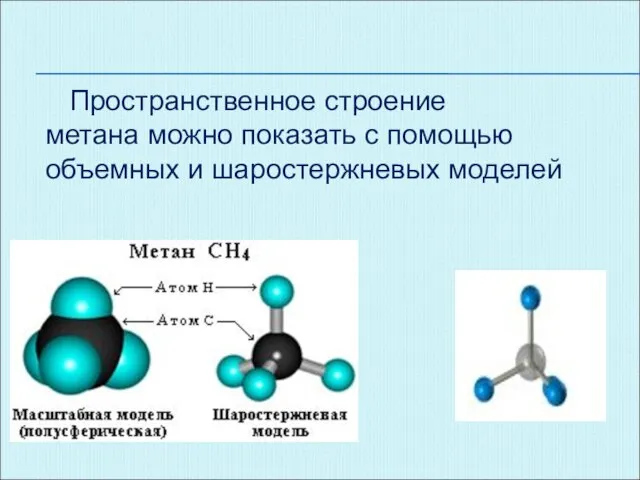 Пространственное строение метана можно показать с помощью объемных и шаростержневых моделей