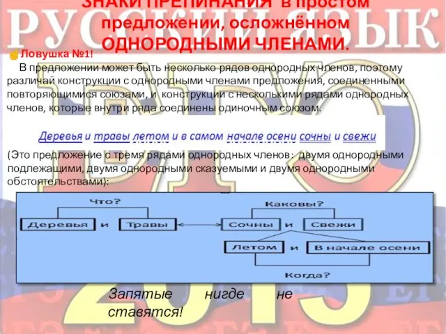 ЗНАКИ ПРЕПИНАНИЯ в простом предложении, осложнённом ОДНОРОДНЫМИ ЧЛЕНАМИ. ☝Ловушка №1! В