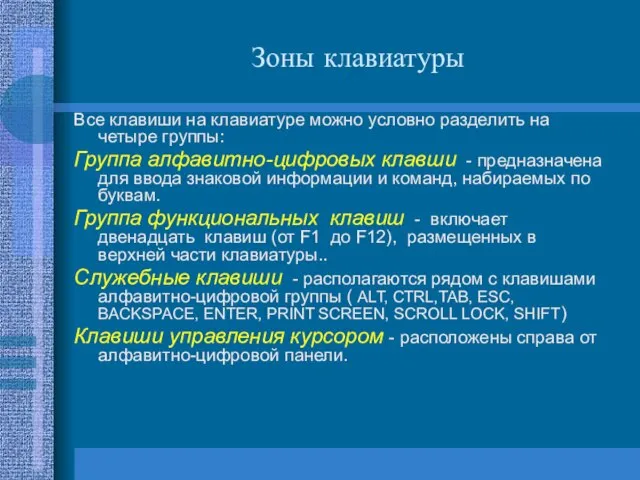 Зоны клавиатуры Все клавиши на клавиатуре можно условно разделить на четыре