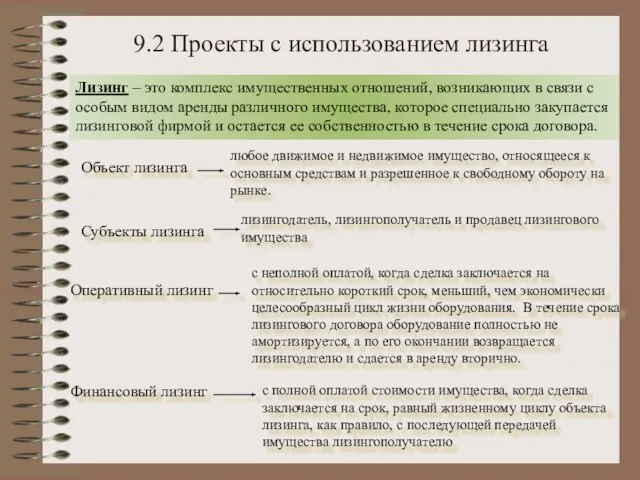 9.2 Проекты с использованием лизинга Лизинг – это комплекс имущественных отношений,