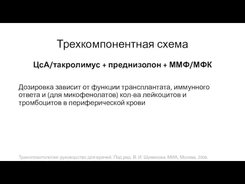 Трехкомпонентная схема ЦсА/такролимус + преднизолон + ММФ/МФК Дозировка зависит от функции