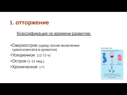 1. отторжение Классификация по времени развития: Сверхострое (сразу после включения трансплантата