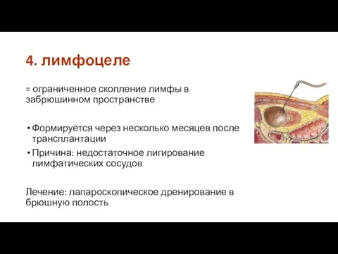 4. лимфоцеле = ограниченное скопление лимфы в забрюшинном пространстве Формируется через