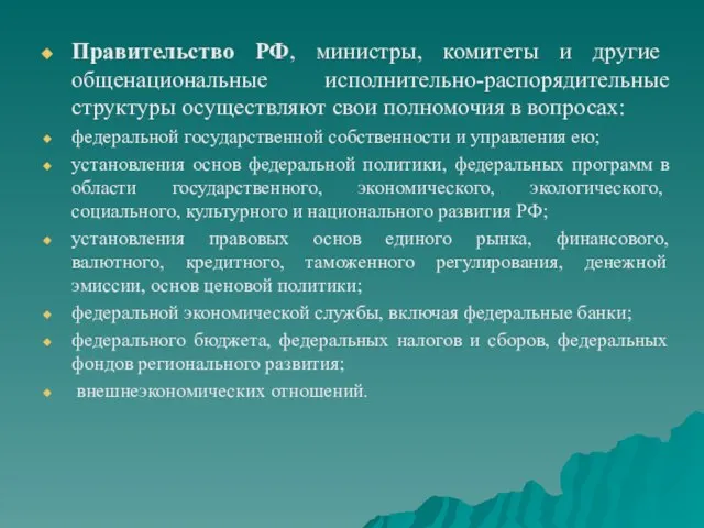 Правительство РФ, министры, комитеты и другие общенациональные исполнительно-распорядительные структуры осуществляют свои