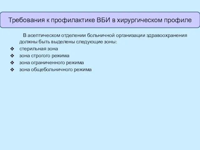 В асептическом отделении больничной организации здравоохранения должны быть выделены следующие зоны: