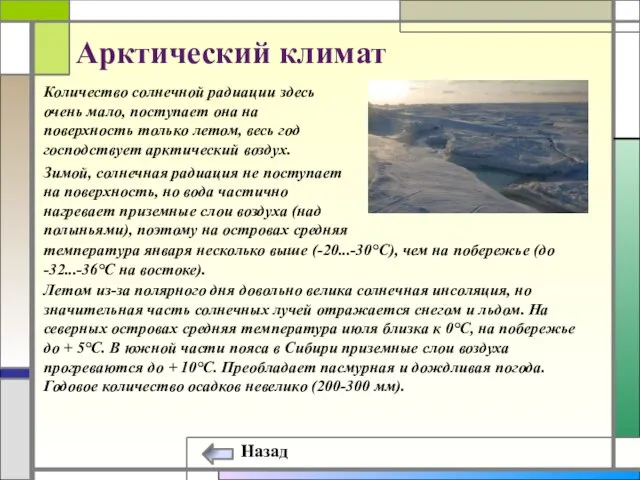 Арктический климат Количество солнечной радиации здесь очень мало, поступает она на