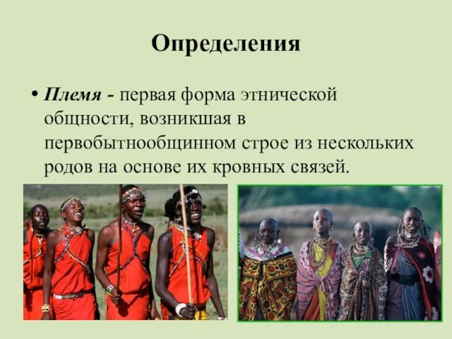 Определения Племя - первая форма этнической общности, возникшая в первобытнообщинном строе
