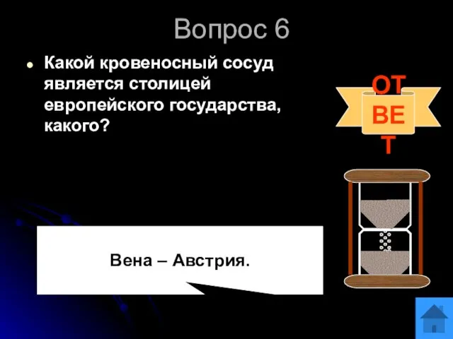 Вопрос 6 Какой кровеносный сосуд является столицей европейского государства, какого? ОТВЕТ Вена – Австрия.