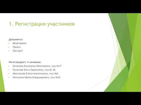 1. Регистрация участников Документы: Медсправка Приказ Паспорт? Регистрируют: 4 человека: Белякова