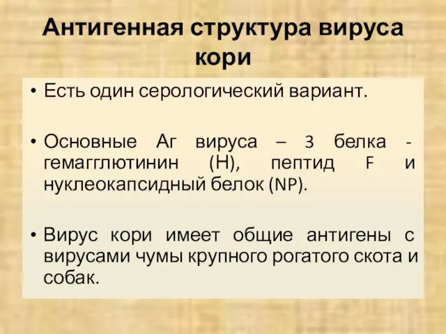 Антигенная структура вируса кори Есть один серологический вариант. Основные Аг вируса