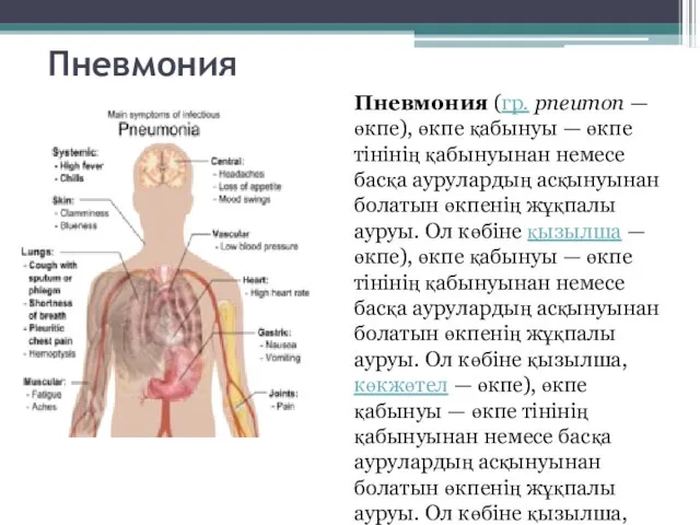 Пневмония Пневмония (гр. pneumon — өкпе), өкпе қабынуы — өкпе тінінің