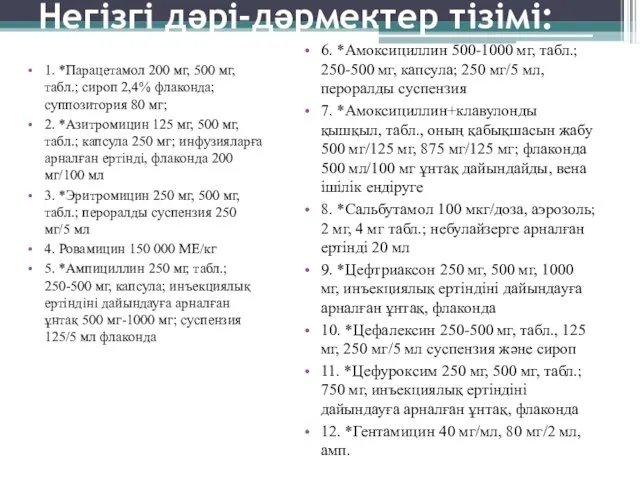 Негізгі дəрі-дəрмектер тізімі: 1. *Парацетамол 200 мг, 500 мг, табл.; сироп