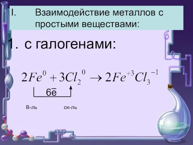 Взаимодействие металлов с простыми веществами: с галогенами: В-ль ок-ль