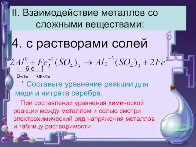 II. Взаимодействие металлов со сложными веществами: 4. с растворами солей 6