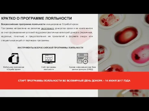 КРАТКО О ПРОГРАММЕ ЛОЯЛЬНОСТИ Всероссийская программа лояльности инициирована Службой крови. Программа