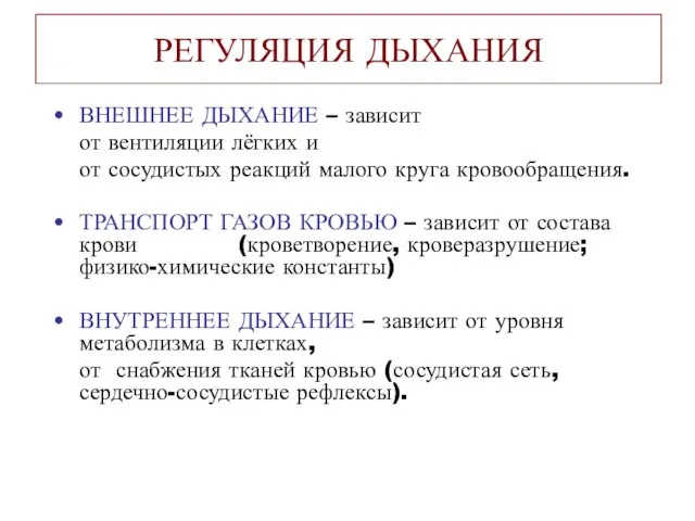 РЕГУЛЯЦИЯ ДЫХАНИЯ ВНЕШНЕЕ ДЫХАНИЕ – зависит от вентиляции лёгких и от